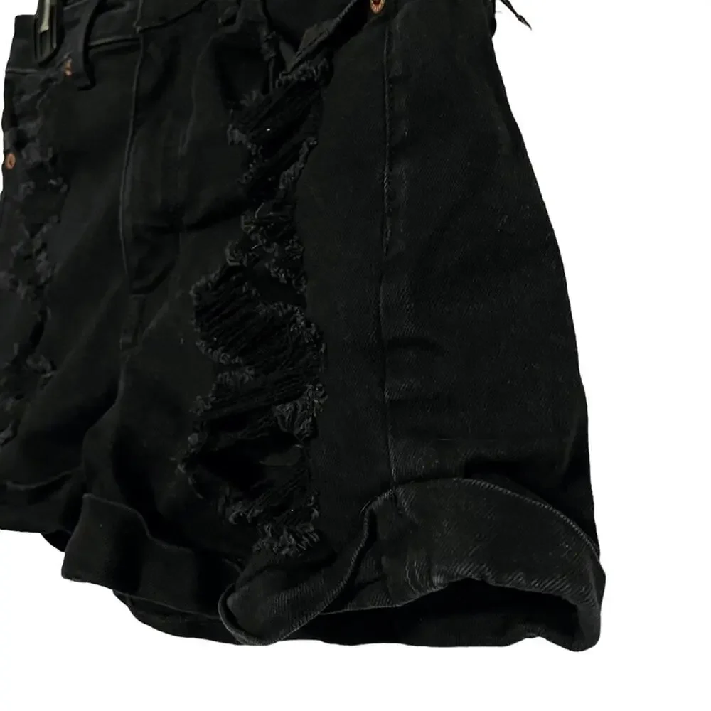 AMERICAN EAGLE MOM SHORTS Solid Black Zip Fly High Rise Roll Cuff Jeans Denim 4